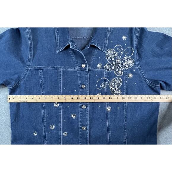 Quacker Factory Womens XL Denim Jacket Rhinestone Pearl Butterfly Embellished - Picture 13 of 16